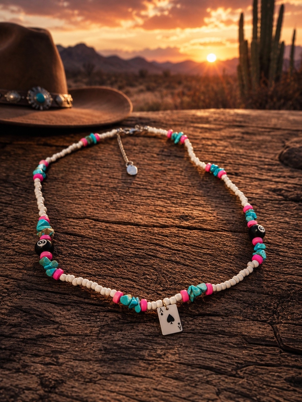 Turquoise & Pink Beaded Ace of Spades Necklace